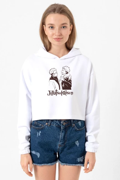 Jujutsu Kaisen Anime Long Beyaz Optik Kadın Crop Kapşonlu ürün görseli