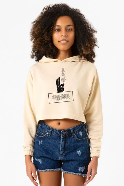 Jujutsu Kaisen Anime Gojo Satoru Bej Kadın Crop Kapşonlu ürün görseli