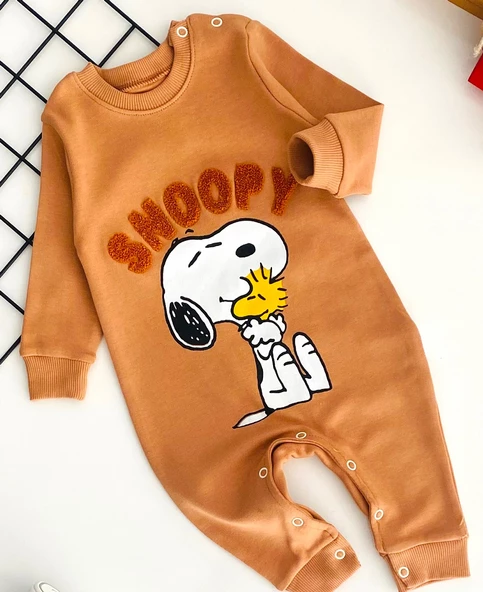 Neşeli Bebekler Snopy Nakışlı Baskılı Desen Tulum Kahve - 2