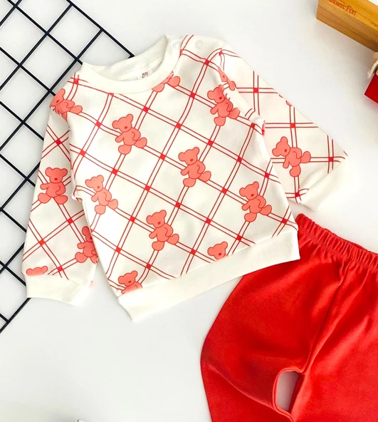 Neşeli Bebekler Ayıcık Baskılı Baklava Desen İki İplik Penye Kumaş Takım Kiremit - 2