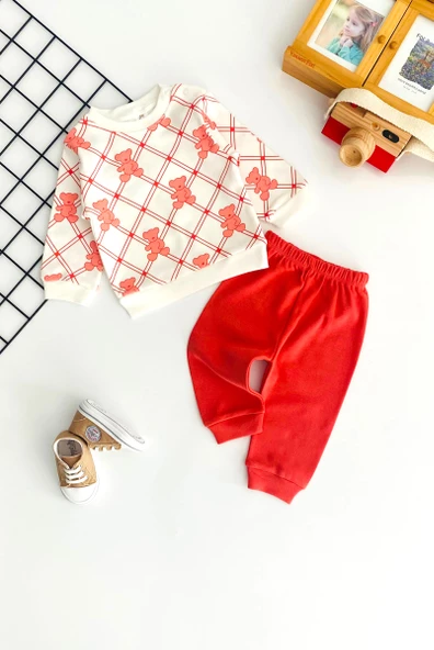 Neşeli Bebekler Ayıcık Baskılı Baklava Desen İki İplik Penye Kumaş Takım Kiremit