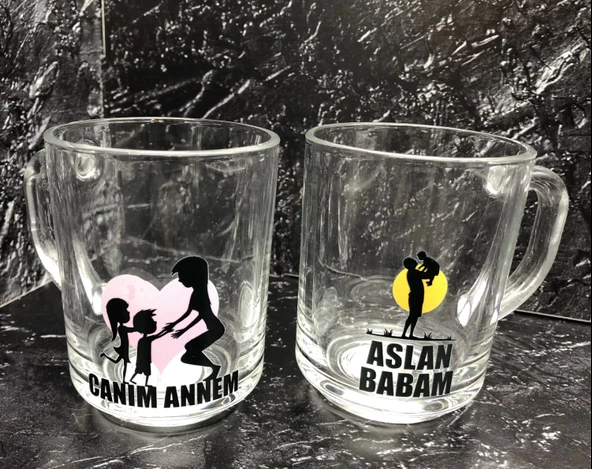 Canım Annem-Aslan Babam Dekor Kulplu 2'li Cam Kupa 250 cc - 2
