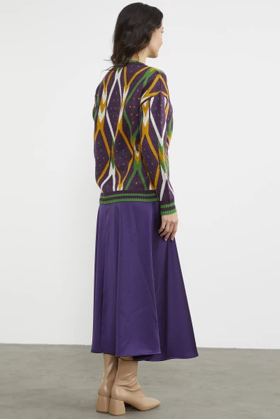 Renkli Baklava Desenli Yünlü Triko Kazak - Mor - Resim 6