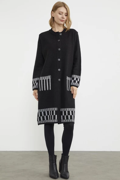 Kalın Dolu İğne Uzun Triko Hırka - Siyah - 2