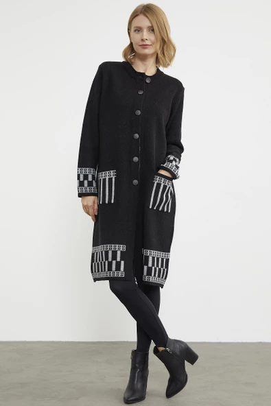 Kalın Dolu İğne Uzun Triko Hırka - Siyah - 4