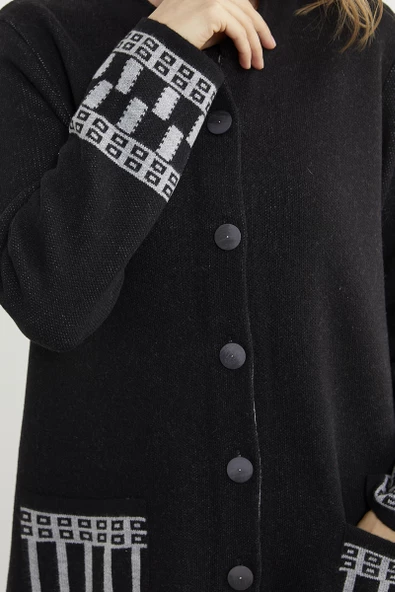 Kalın Dolu İğne Uzun Triko Hırka - Siyah - 5