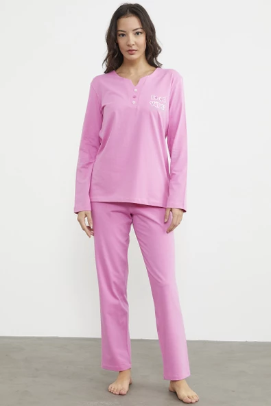 Açık Yaka Düğme Detaylı Pijama Takım - Pembe