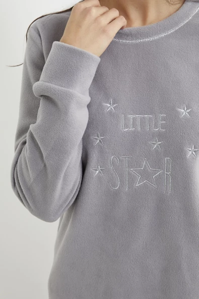 Nakış Detaylı Polar Pijama Takım - Gri - 5
