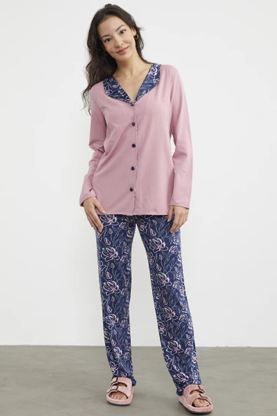 Açık Yaka Düğmeli Pijama Takım - Pembe - 3