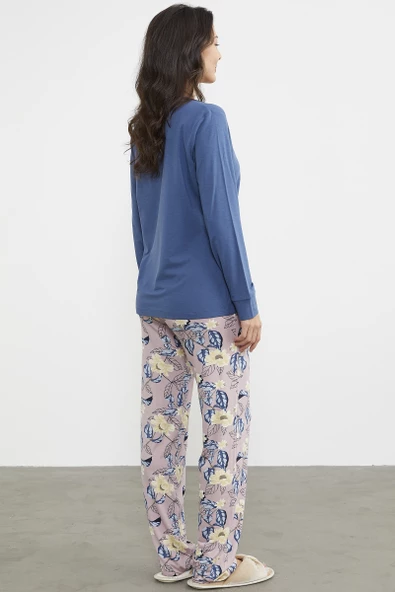 Düz Desenli Kombinli Pijama Takım - Indigo - Resim 6