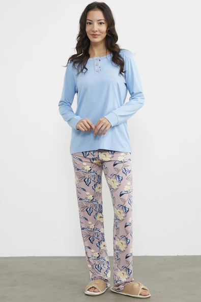 Düz Desenli Kombinli Pijama Takım - Mavi - 2