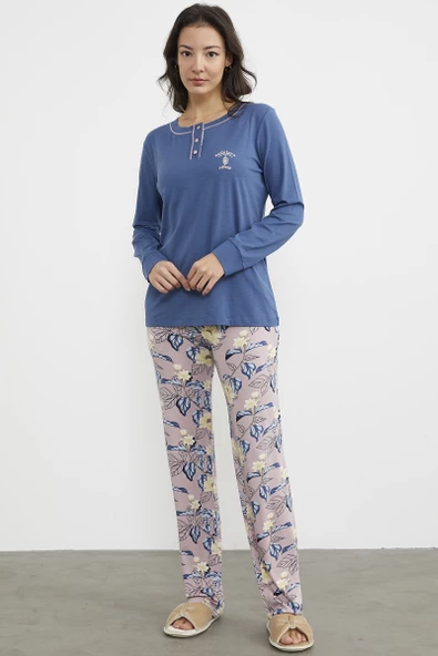 Düz Desenli Kombinli Pijama Takım - Indigo - Resim 2