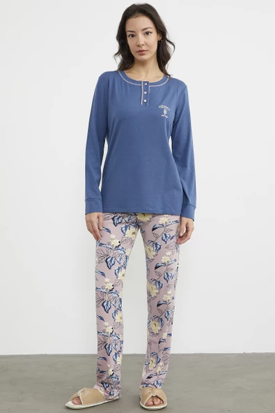 Düz Desenli Kombinli Pijama Takım - Indigo ürün görseli