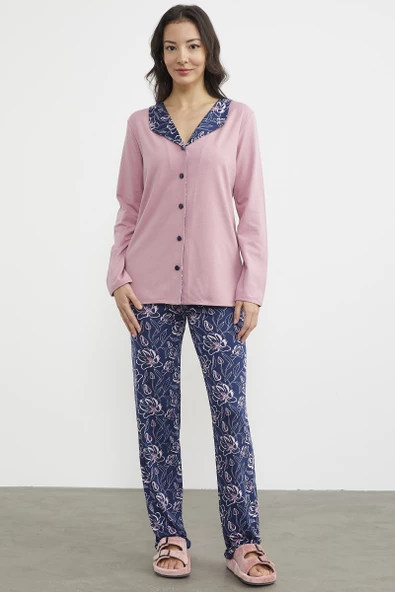 Açık Yaka Düğmeli Pijama Takım - Pembe - 2