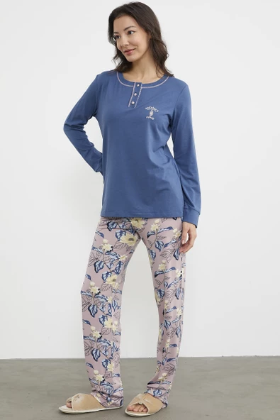 Düz Desenli Kombinli Pijama Takım - Indigo - Resim 4