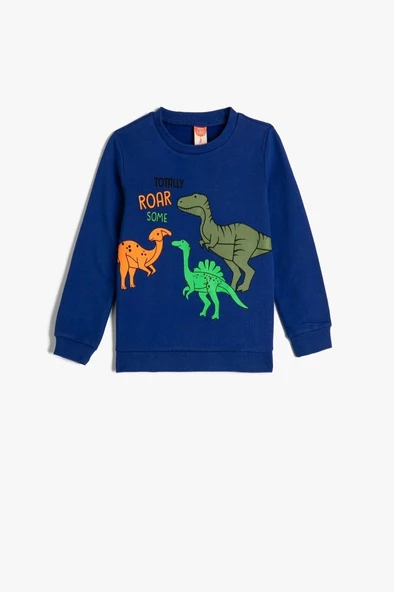 Koton Erkek Bebek Sweatshirt Dinozor Baskılı Bisiklet Yaka Uzun Kollu Şardonlu Pamuklu