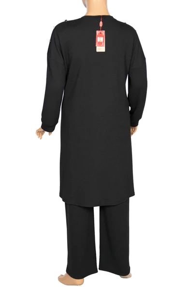 Hesna Kadın Benan Fitilli Düğmeli Spor Siyah Tunik Pantolon Takım - Resim 4