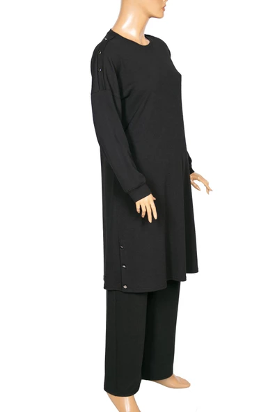 Hesna Kadın Benan Fitilli Düğmeli Spor Siyah Tunik Pantolon Takım - Resim 3