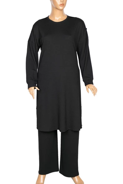 Hesna Kadın Benan Fitilli Düğmeli Spor Siyah Tunik Pantolon Takım ürün görseli 1