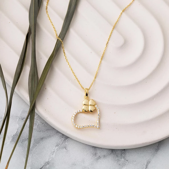 Yoncalı Sarı Altın Kalpli Kolye - Resim 5