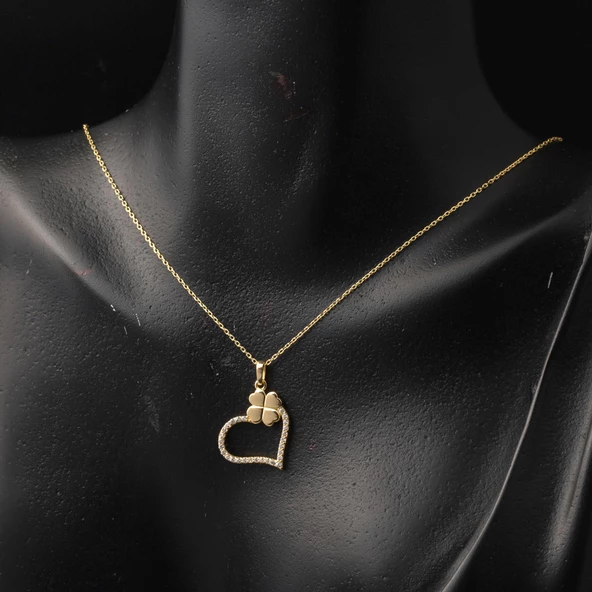 Yoncalı Sarı Altın Kalpli Kolye - Resim 4