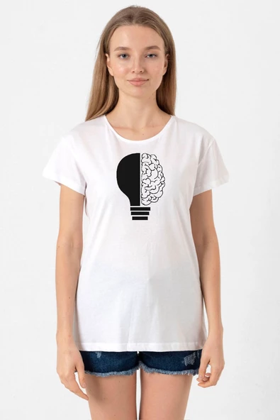 Lightbulb & Brain Beyaz Kadın Bisikletyaka Tshirt