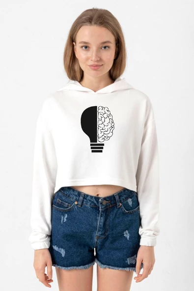 Lightbulb & Brain Ekru Kadın Crop Kapşonlu