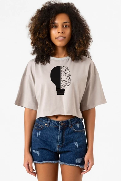 Lightbulb & Brain Taş Rengi Kadın Crop Kapşonlu ürün görseli 1