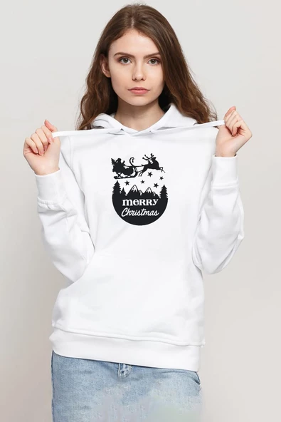 Merry Christmas Sleigh Beyaz Kadın 3ip Kapşonlu Sweatshirt