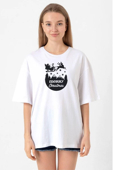 Merry Christmas Sleigh Beyaz Kadın Oversize Tshirt