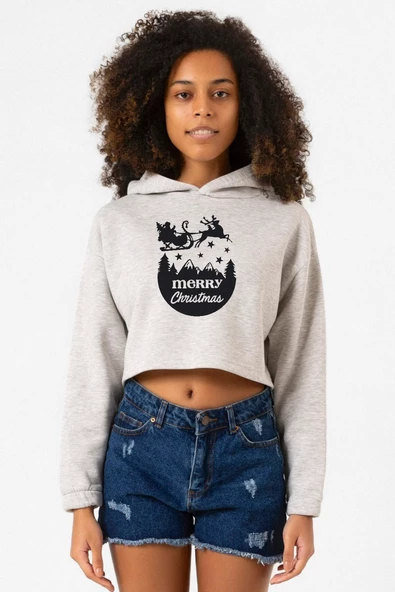 Merry Christmas Sleigh Grimelanj Kadın Crop Kapşonlu ürün görseli