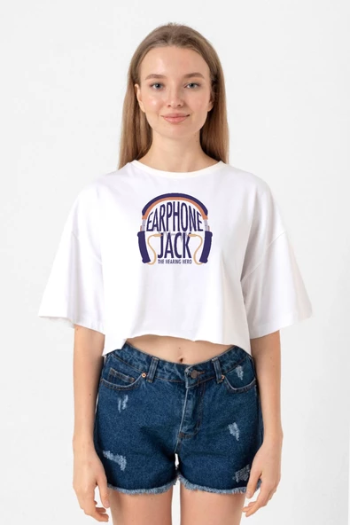 My Hero Academi Anime Earphone Jack Beyaz Kadın Crop Tshirt