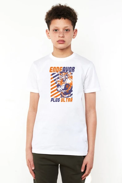 My Hero Academi Anime Endeavor Plus Ultra Beyaz Çocuk Bisikletyaka Tshirt