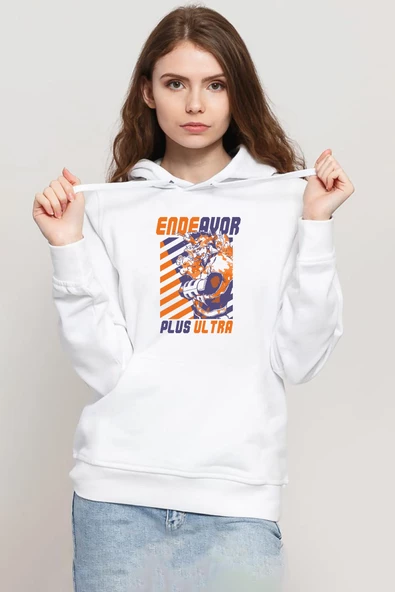 My Hero Academi Anime Endeavor Plus Ultra Beyaz Kadın 3ip Kapşonlu Sweatshirt