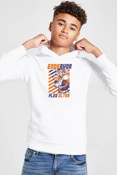 My Hero Academi Anime Endeavor Plus Ultra Beyaz Çocuk 3ip Kapşonlu  Sweatshirt