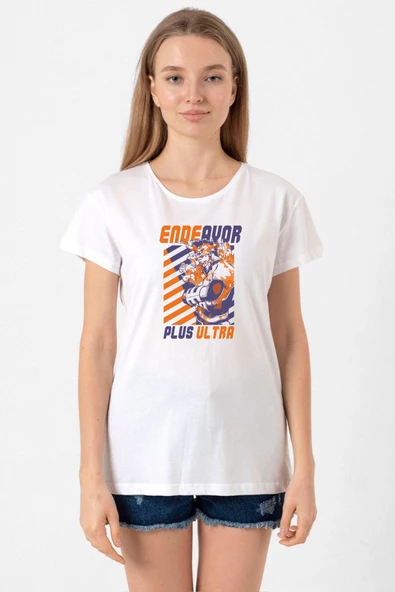 My Hero Academi Anime Endeavor Plus Ultra Beyaz Kadın Bisikletyaka Tshirt ürün görseli 1
