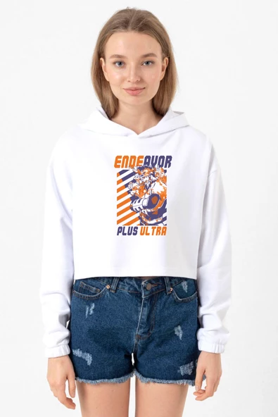 My Hero Academi Anime Endeavor Plus Ultra Beyaz Optik Kadın Crop Kapşonlu ürün görseli 1
