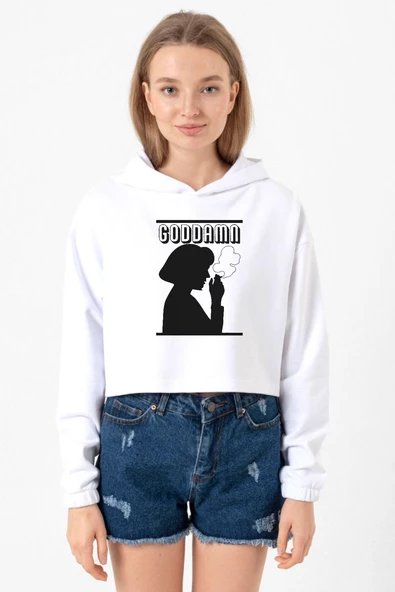 Pulp Fiction  Goddamn Beyaz Optik Kadın Crop Kapşonlu