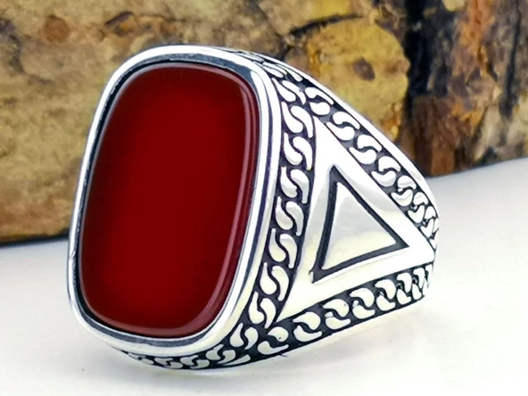 Kırmızı Akik Taşlı Oval Dikdörtgen Tasarımlı 925 Ayar Gümüş Yüzük ürün görseli