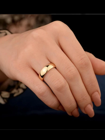 Düz Bombeli İçi Dolu Bombe 6 mm 14 Ayar Altın Alyans Yüzük - Resim 4