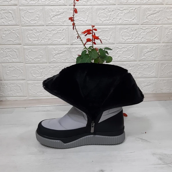 Benetton 50027 Gri-Siyah İçi Kürklü Fermuarlı Kaymaz Bayan Kar Botu - 7