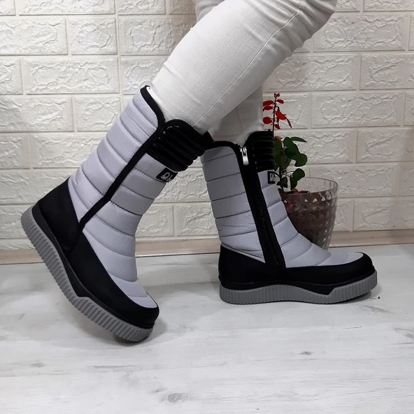 Benetton 50027 Gri-Siyah İçi Kürklü Fermuarlı Kaymaz Bayan Kar Botu - 4