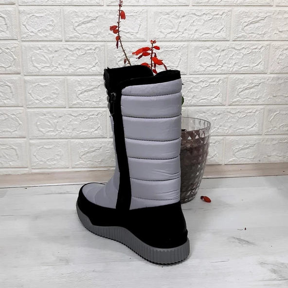 Benetton 50027 Gri-Siyah İçi Kürklü Fermuarlı Kaymaz Bayan Kar Botu - 9