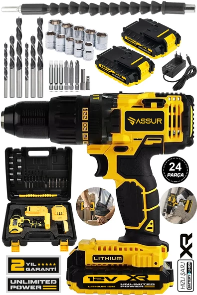 Assur Plus 12V 1.5Ah Metal Şanzıman Çift Akülü Şarjlı Darbeli Matkap 24 Parça Akülü Vidalama