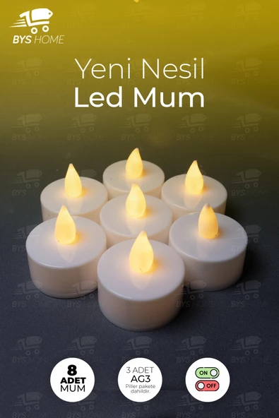 8 Adet Sarı Işıklı Led Mum El Mumu Tealight Piller Dahil Kullanıma Hazır