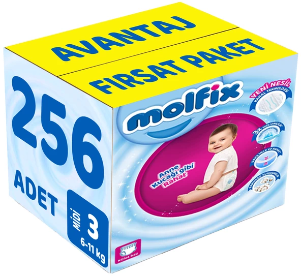 Molfix Külot Bebek Bezi Beden:3 (6-11KG) Midi 256 Adet Avantaj Fırsat Pk