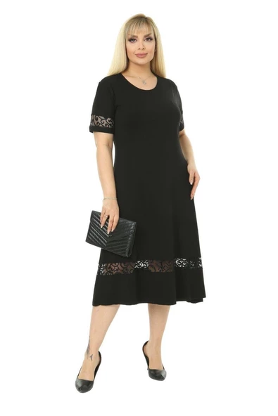 Melsay Butik Dantel Detaylı Siyah Kadın Büyük Beden Midi Elbise ürün görseli 1