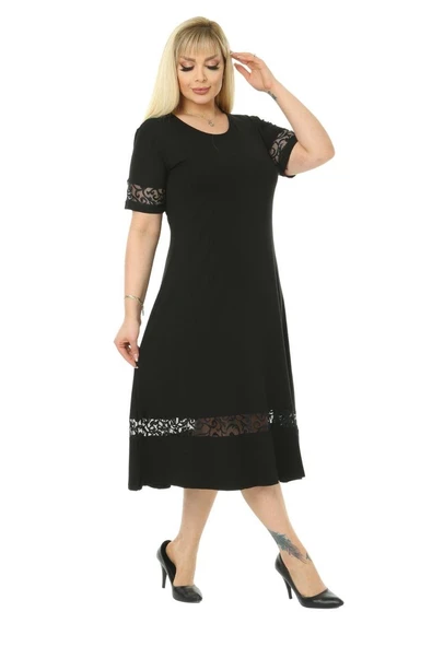 Melsay Butik Dantel Detaylı Siyah Kadın Büyük Beden Midi Elbise - Resim 4