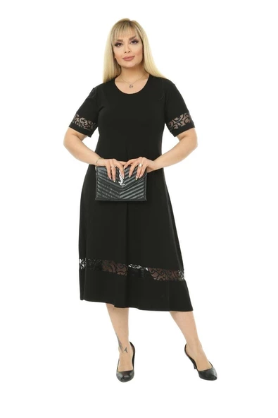 Melsay Butik Dantel Detaylı Siyah Kadın Büyük Beden Midi Elbise - Resim 2