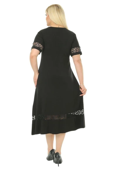 Melsay Butik Dantel Detaylı Siyah Kadın Büyük Beden Midi Elbise - Resim 5